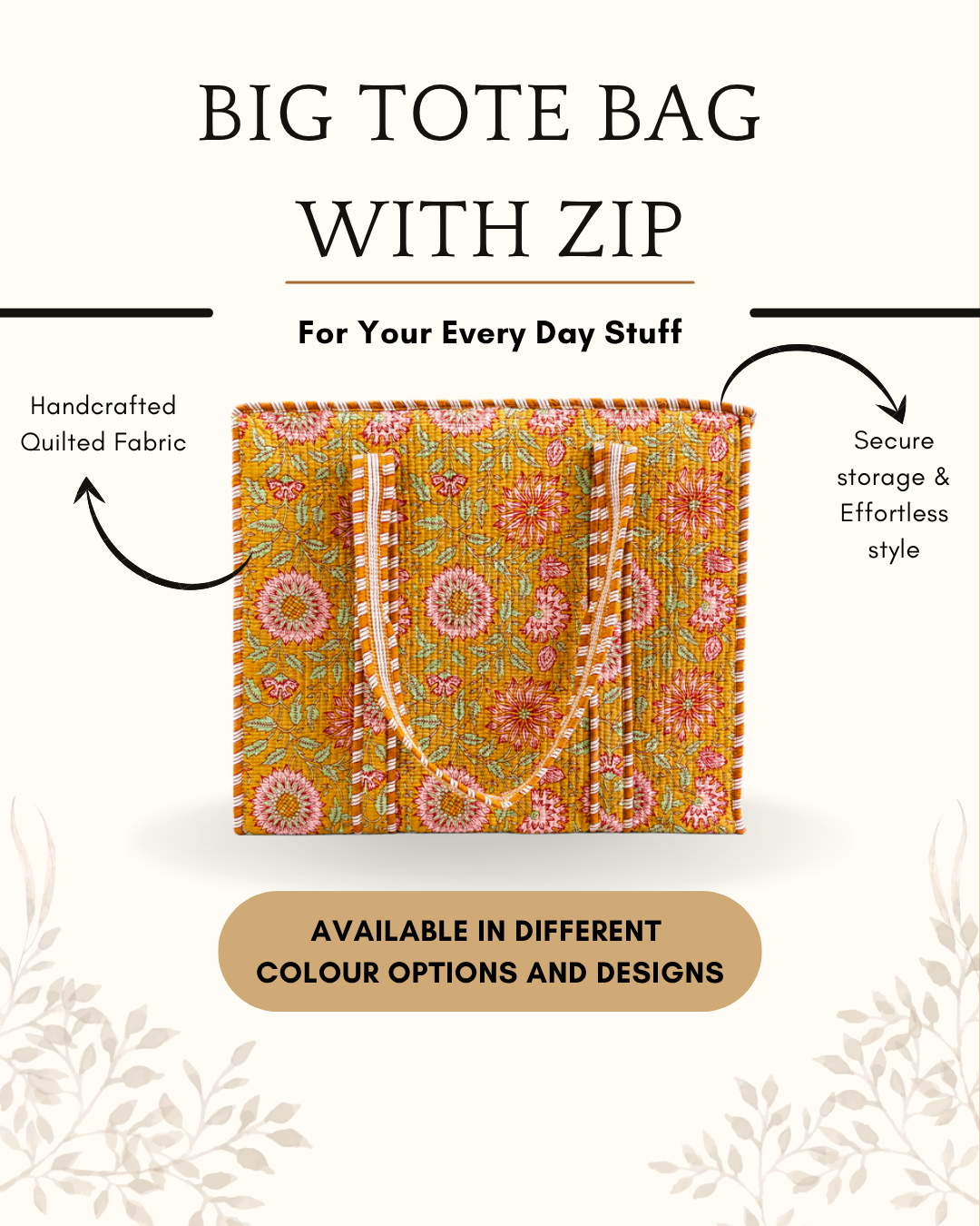 Whitebloom Big Tote Bag with Zip – Quilted Block Print